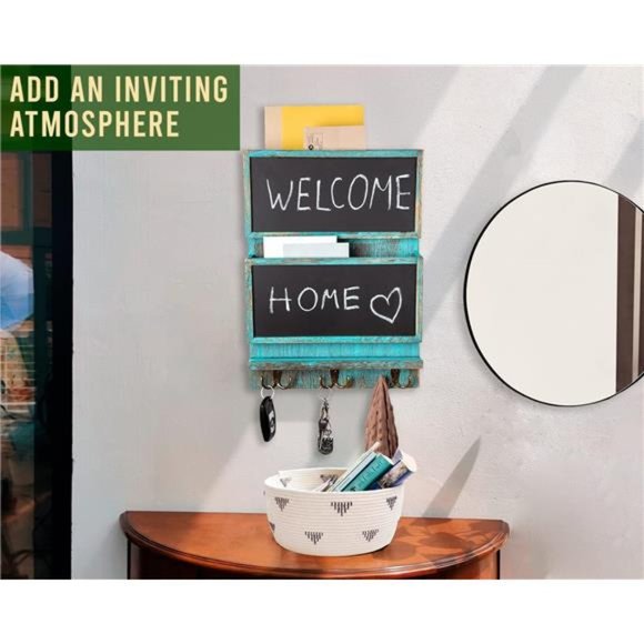 Rustic 2Slot Mail Sorter Organizer for Wall w/Chalkboard Surface & 3 Double Hook - Picture 4 of 6